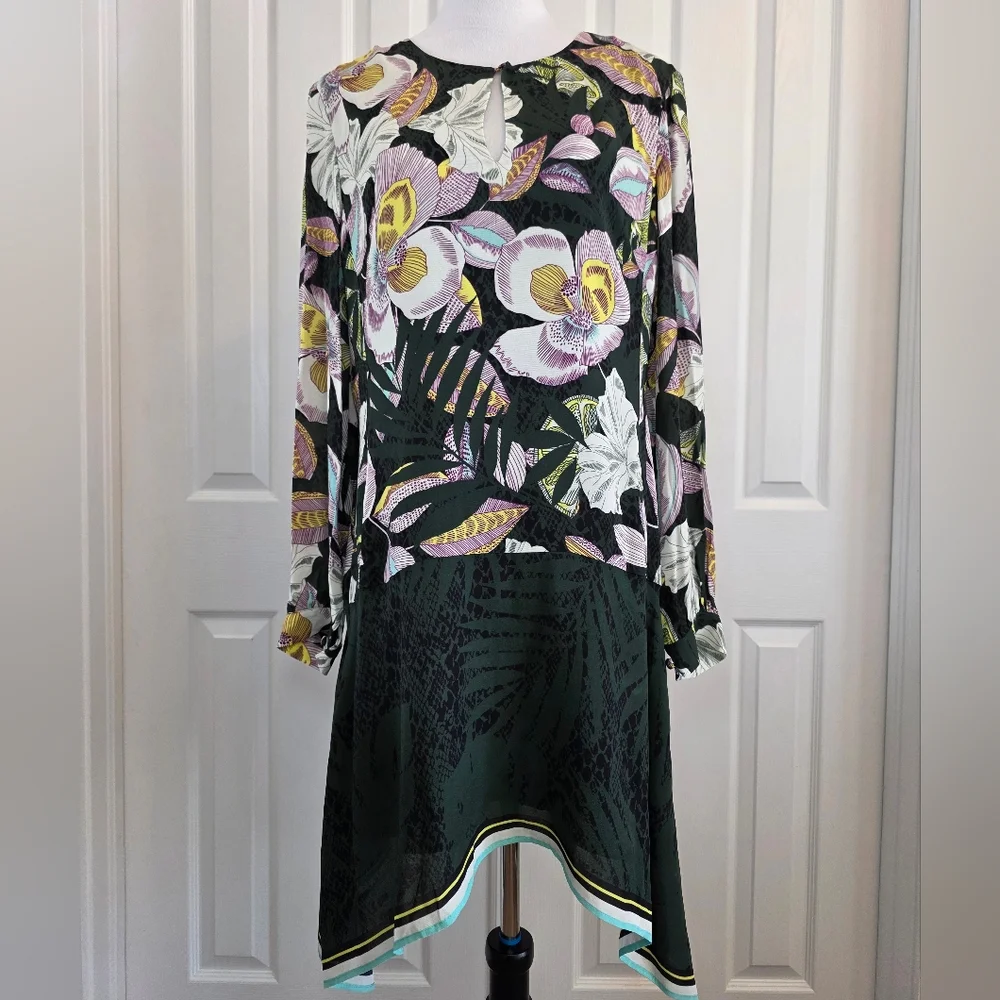 REISS Floral Midi Dress US 12 UK 16 Green Viscose Keyhole Neck Long Sleeve- EUC - Picture 3 of 16